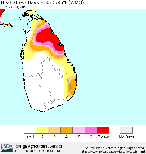 Sri Lanka Heat Stress Days >=35°C/95°F (WMO) Thematic Map For 6/24/2019 - 6/30/2019