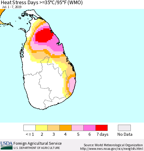 Sri Lanka Heat Stress Days >=35°C/95°F (WMO) Thematic Map For 7/1/2019 - 7/7/2019