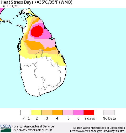 Sri Lanka Heat Stress Days >=35°C/95°F (WMO) Thematic Map For 7/8/2019 - 7/14/2019