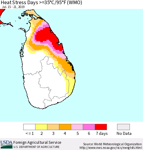 Sri Lanka Heat Stress Days >=35°C/95°F (WMO) Thematic Map For 7/15/2019 - 7/21/2019