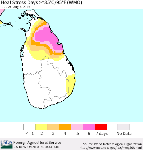 Sri Lanka Heat Stress Days >=35°C/95°F (WMO) Thematic Map For 7/29/2019 - 8/4/2019