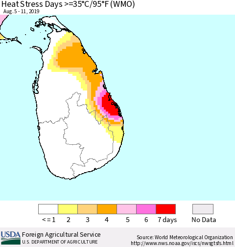 Sri Lanka Heat Stress Days >=35°C/95°F (WMO) Thematic Map For 8/5/2019 - 8/11/2019