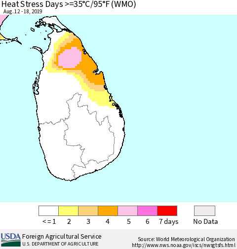 Sri Lanka Heat Stress Days >=35°C/95°F (WMO) Thematic Map For 8/12/2019 - 8/18/2019