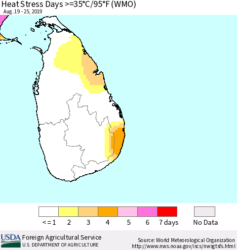 Sri Lanka Heat Stress Days >=35°C/95°F (WMO) Thematic Map For 8/19/2019 - 8/25/2019