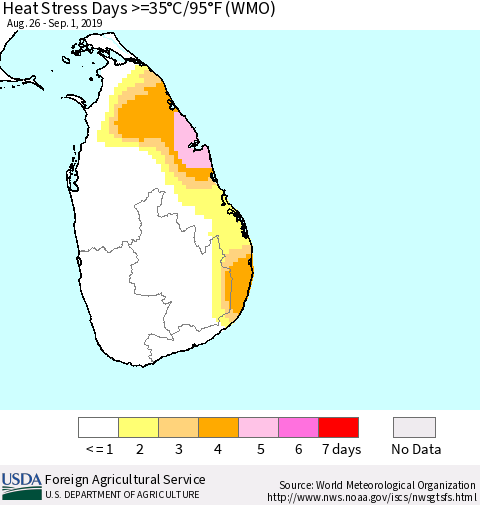 Sri Lanka Heat Stress Days >=35°C/95°F (WMO) Thematic Map For 8/26/2019 - 9/1/2019