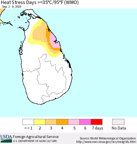 Sri Lanka Heat Stress Days >=35°C/95°F (WMO) Thematic Map For 9/2/2019 - 9/8/2019