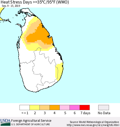 Sri Lanka Heat Stress Days >=35°C/95°F (WMO) Thematic Map For 9/9/2019 - 9/15/2019
