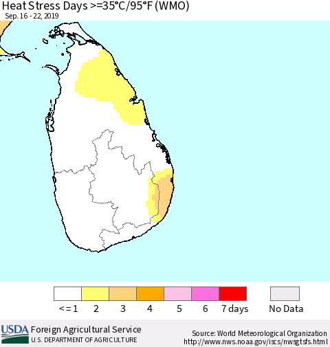 Sri Lanka Heat Stress Days >=35°C/95°F (WMO) Thematic Map For 9/16/2019 - 9/22/2019