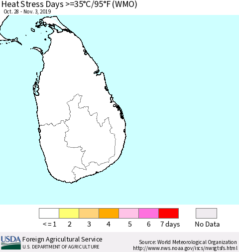 Sri Lanka Heat Stress Days >=35°C/95°F (WMO) Thematic Map For 10/28/2019 - 11/3/2019