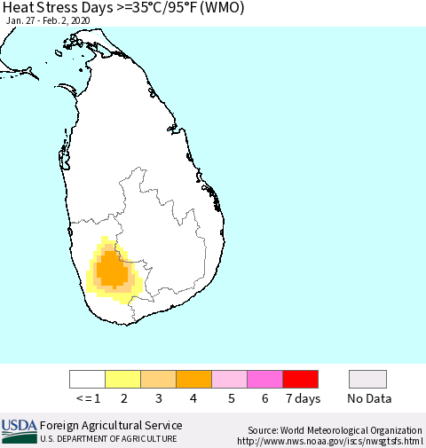 Sri Lanka Heat Stress Days >=35°C/95°F (WMO) Thematic Map For 1/27/2020 - 2/2/2020