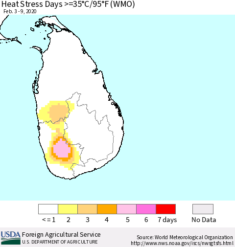 Sri Lanka Heat Stress Days >=35°C/95°F (WMO) Thematic Map For 2/3/2020 - 2/9/2020
