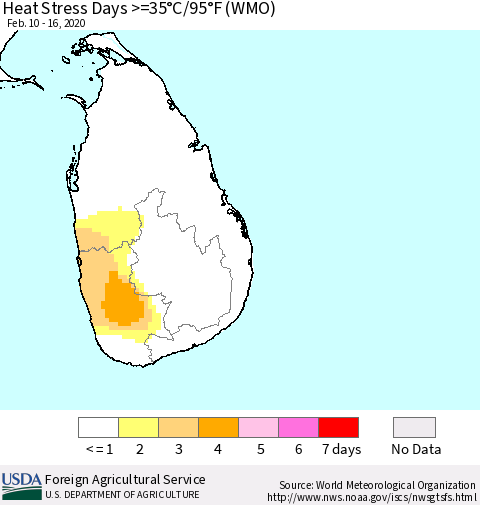 Sri Lanka Heat Stress Days >=35°C/95°F (WMO) Thematic Map For 2/10/2020 - 2/16/2020