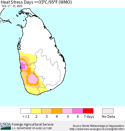 Sri Lanka Heat Stress Days >=35°C/95°F (WMO) Thematic Map For 2/17/2020 - 2/23/2020