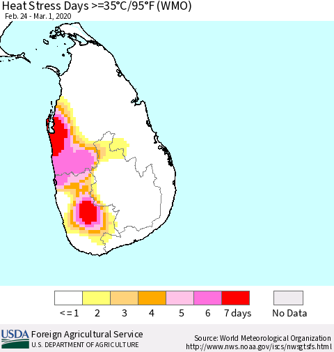 Sri Lanka Heat Stress Days >=35°C/95°F (WMO) Thematic Map For 2/24/2020 - 3/1/2020