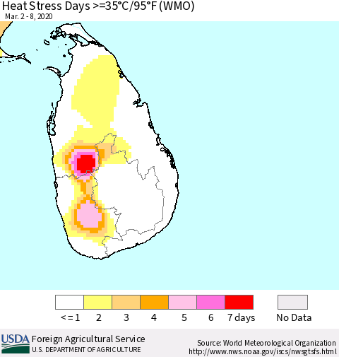 Sri Lanka Heat Stress Days >=35°C/95°F (WMO) Thematic Map For 3/2/2020 - 3/8/2020