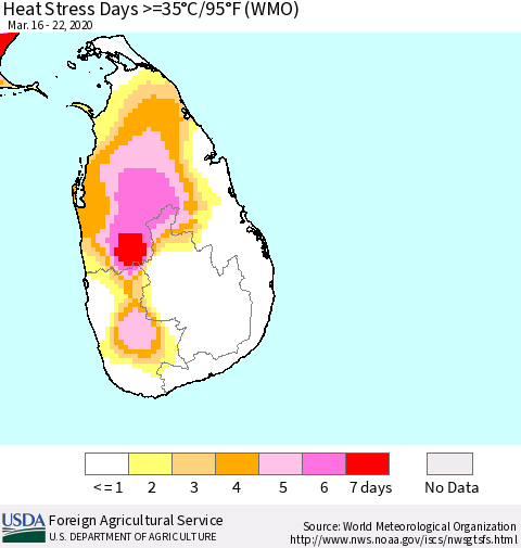 Sri Lanka Heat Stress Days >=35°C/95°F (WMO) Thematic Map For 3/16/2020 - 3/22/2020