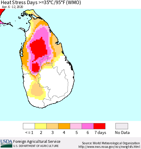 Sri Lanka Heat Stress Days >=35°C/95°F (WMO) Thematic Map For 4/6/2020 - 4/12/2020