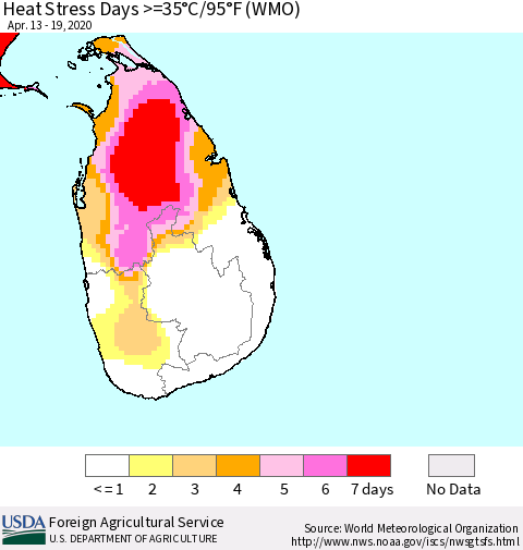 Sri Lanka Heat Stress Days >=35°C/95°F (WMO) Thematic Map For 4/13/2020 - 4/19/2020