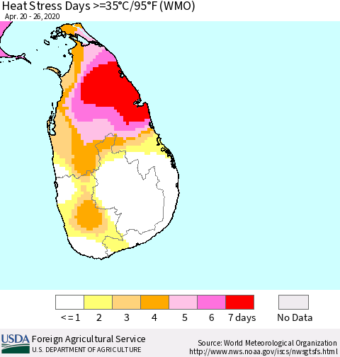 Sri Lanka Heat Stress Days >=35°C/95°F (WMO) Thematic Map For 4/20/2020 - 4/26/2020