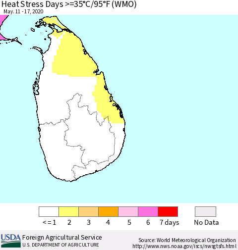 Sri Lanka Heat Stress Days >=35°C/95°F (WMO) Thematic Map For 5/11/2020 - 5/17/2020