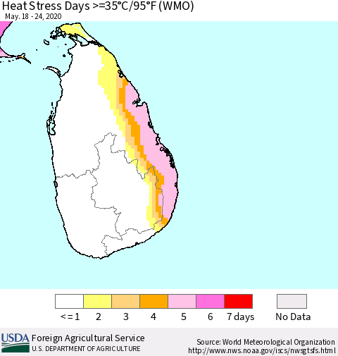 Sri Lanka Heat Stress Days >=35°C/95°F (WMO) Thematic Map For 5/18/2020 - 5/24/2020