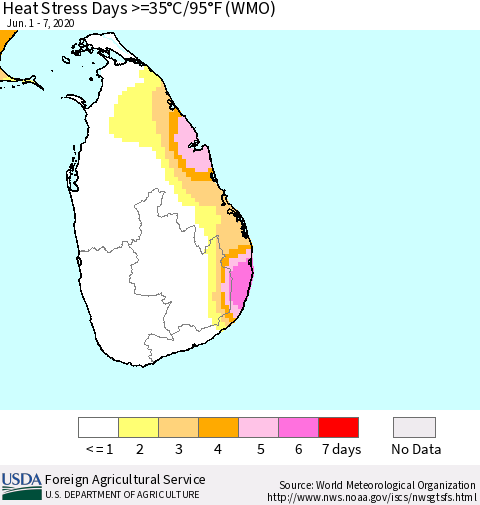 Sri Lanka Heat Stress Days >=35°C/95°F (WMO) Thematic Map For 6/1/2020 - 6/7/2020