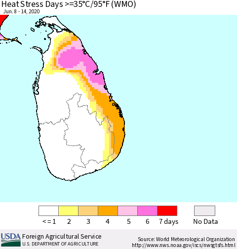 Sri Lanka Heat Stress Days >=35°C/95°F (WMO) Thematic Map For 6/8/2020 - 6/14/2020