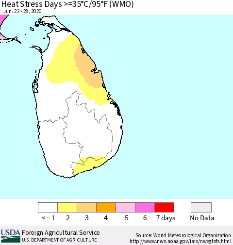 Sri Lanka Heat Stress Days >=35°C/95°F (WMO) Thematic Map For 6/22/2020 - 6/28/2020