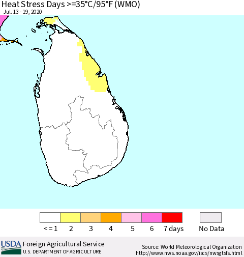 Sri Lanka Heat Stress Days >=35°C/95°F (WMO) Thematic Map For 7/13/2020 - 7/19/2020