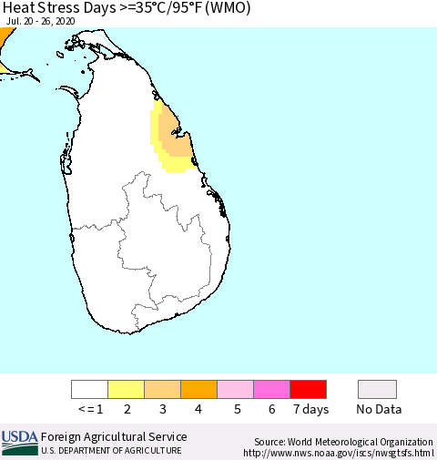 Sri Lanka Heat Stress Days >=35°C/95°F (WMO) Thematic Map For 7/20/2020 - 7/26/2020