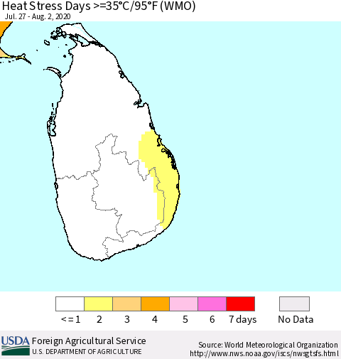 Sri Lanka Heat Stress Days >=35°C/95°F (WMO) Thematic Map For 7/27/2020 - 8/2/2020
