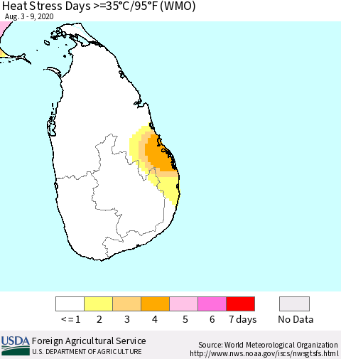 Sri Lanka Heat Stress Days >=35°C/95°F (WMO) Thematic Map For 8/3/2020 - 8/9/2020