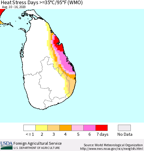 Sri Lanka Heat Stress Days >=35°C/95°F (WMO) Thematic Map For 8/10/2020 - 8/16/2020