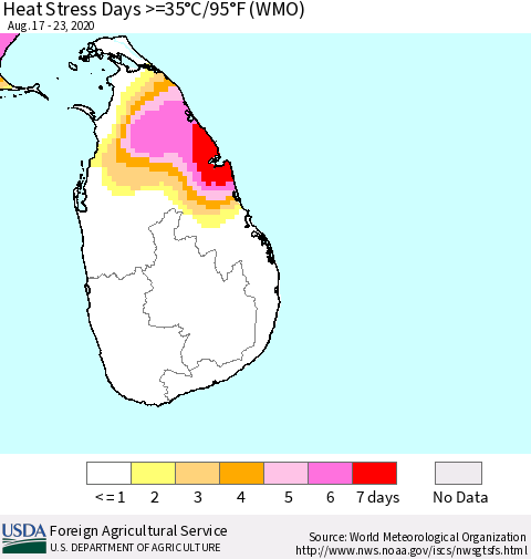 Sri Lanka Heat Stress Days >=35°C/95°F (WMO) Thematic Map For 8/17/2020 - 8/23/2020
