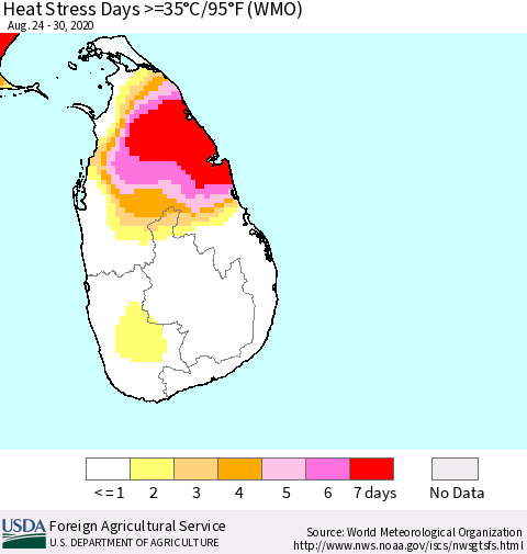 Sri Lanka Heat Stress Days >=35°C/95°F (WMO) Thematic Map For 8/24/2020 - 8/30/2020