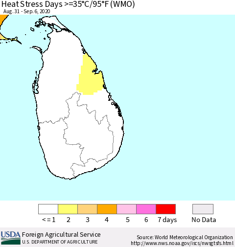 Sri Lanka Heat Stress Days >=35°C/95°F (WMO) Thematic Map For 8/31/2020 - 9/6/2020