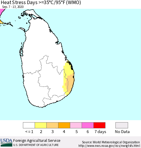Sri Lanka Heat Stress Days >=35°C/95°F (WMO) Thematic Map For 9/7/2020 - 9/13/2020