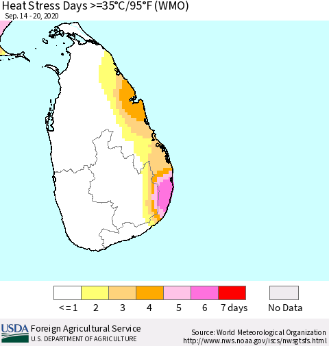 Sri Lanka Heat Stress Days >=35°C/95°F (WMO) Thematic Map For 9/14/2020 - 9/20/2020