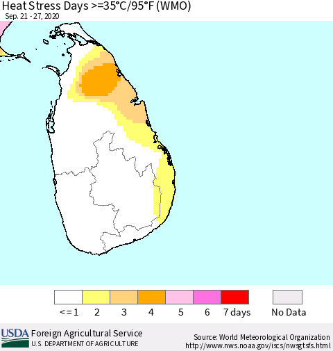 Sri Lanka Heat Stress Days >=35°C/95°F (WMO) Thematic Map For 9/21/2020 - 9/27/2020