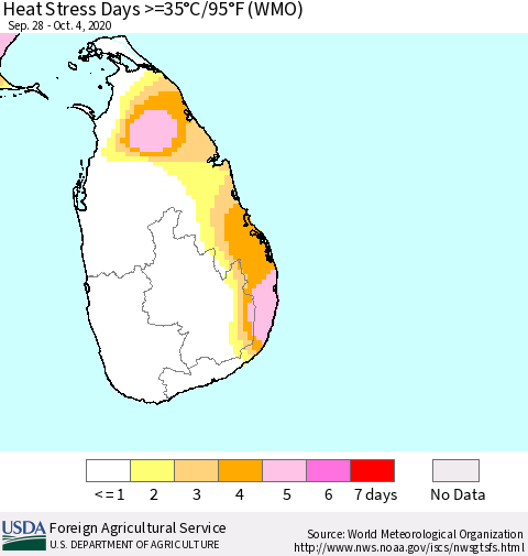 Sri Lanka Heat Stress Days >=35°C/95°F (WMO) Thematic Map For 9/28/2020 - 10/4/2020