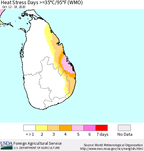Sri Lanka Heat Stress Days >=35°C/95°F (WMO) Thematic Map For 10/12/2020 - 10/18/2020