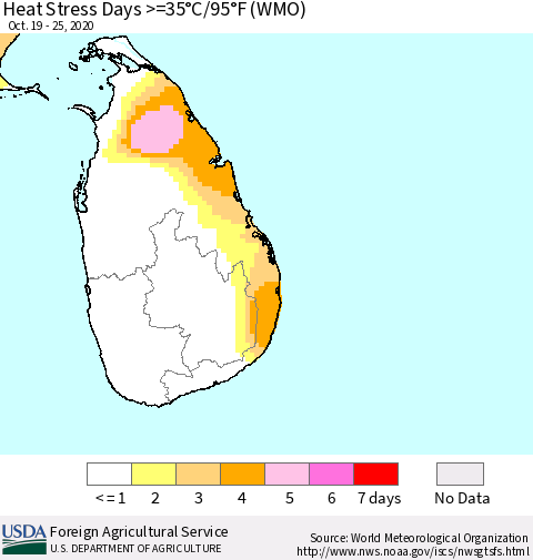 Sri Lanka Heat Stress Days >=35°C/95°F (WMO) Thematic Map For 10/19/2020 - 10/25/2020