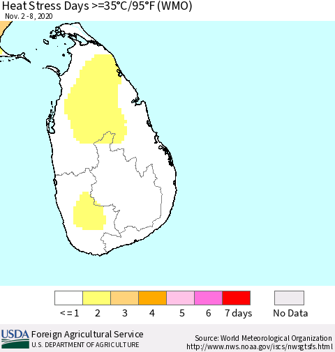 Sri Lanka Heat Stress Days >=35°C/95°F (WMO) Thematic Map For 11/2/2020 - 11/8/2020
