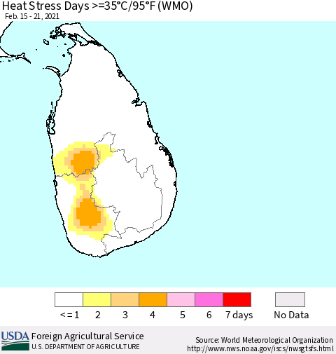 Sri Lanka Heat Stress Days >=35°C/95°F (WMO) Thematic Map For 2/15/2021 - 2/21/2021