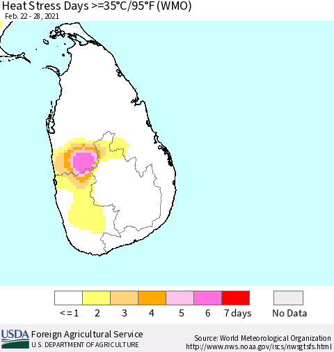 Sri Lanka Heat Stress Days >=35°C/95°F (WMO) Thematic Map For 2/22/2021 - 2/28/2021