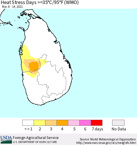Sri Lanka Heat Stress Days >=35°C/95°F (WMO) Thematic Map For 3/8/2021 - 3/14/2021