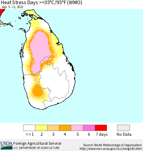Sri Lanka Heat Stress Days >=35°C/95°F (WMO) Thematic Map For 4/5/2021 - 4/11/2021