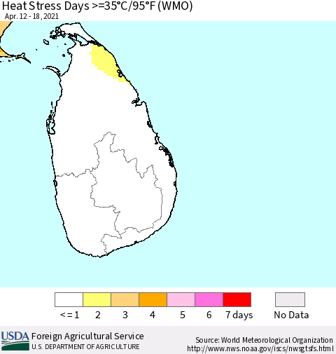 Sri Lanka Heat Stress Days >=35°C/95°F (WMO) Thematic Map For 4/12/2021 - 4/18/2021