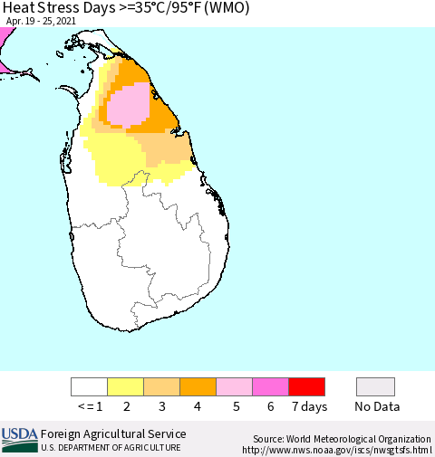 Sri Lanka Heat Stress Days >=35°C/95°F (WMO) Thematic Map For 4/19/2021 - 4/25/2021