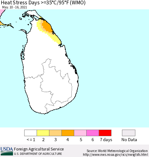 Sri Lanka Heat Stress Days >=35°C/95°F (WMO) Thematic Map For 5/10/2021 - 5/16/2021
